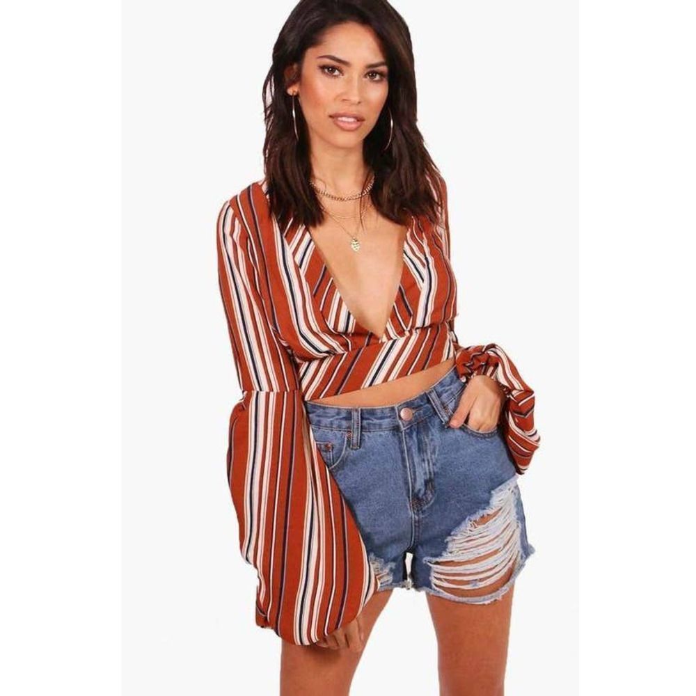 NWT Boohoo Brown/Cream Daisy Stripe Plunge Ballon Sleeves Cropped Top‎ Size 6